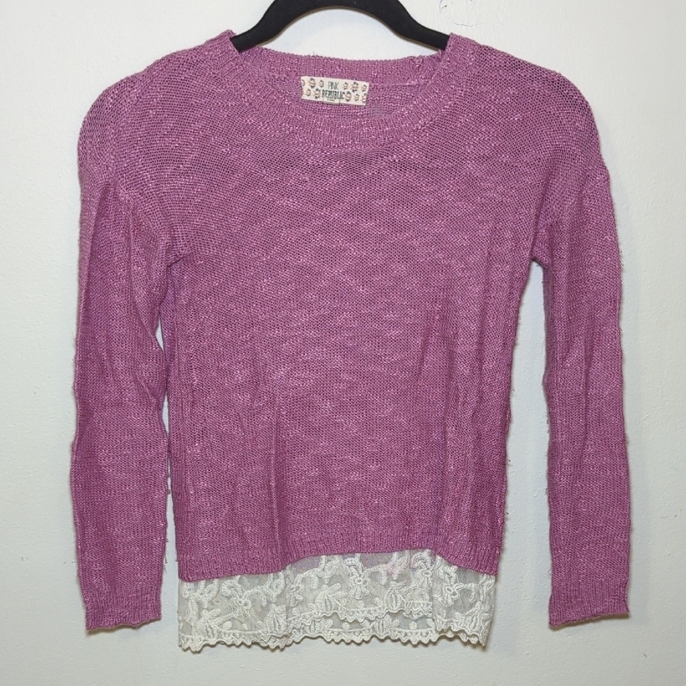 Pink Republic Pink Chenille Crewneck Sweater with Lace Hem Girls Size S 7